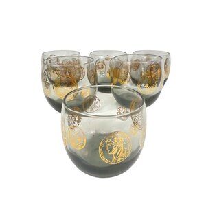Vintage Mid-Century Lowball Glasses Set of 6 Coin Design 22K Gold Accents Smoky